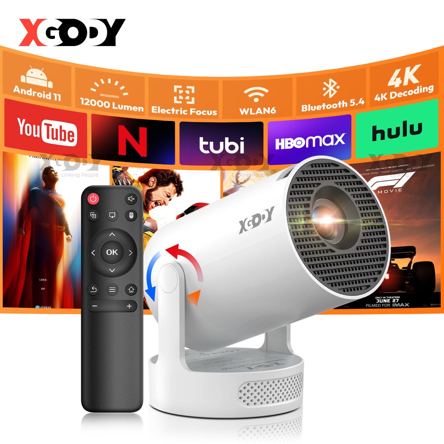 XGODY Projector Beamer Gimbal 3S 4K Wifi6  Short Throw Projector Android11 ??260 ANSI Dual WIFI BT5.0 1280*720P Home Theater