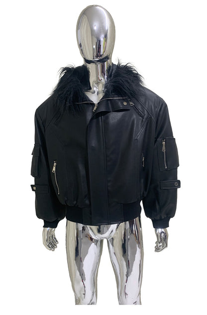 Mauroicardi Autumn Winter Short Oversized Black Warm Pu Leather Jacket Men with Faux Fur Trim Hood Loose Casual Korean Fashion