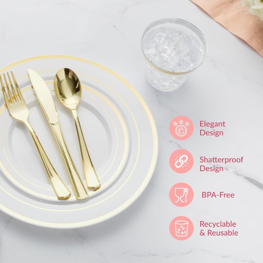 Conjunto de Louça Descartável para Festa Prestee com 600 Peças para 100 Convidados, Talheres Dourados Descartáveis com Pratos, Copos, Facas, Garfos e Colheres