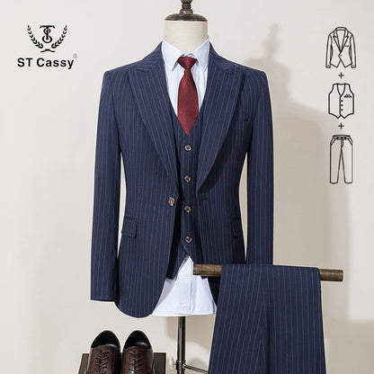 ST Cassy high-quality blue striped suits for men slim fit luxurious and elegant men's business suit 3-piece set full men's suit