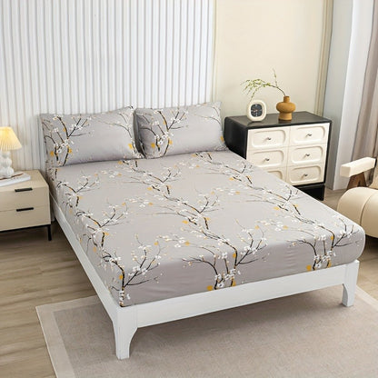 Conjunto de Lençol com Elástico Estampado 3 Peças (1 Lençol com Elástico + 2 Fronhas, Sem Enchimento)