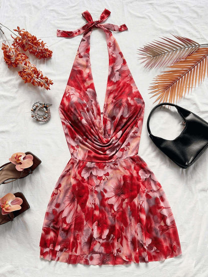 French high-end printed dress, a popular summer item for women in 2025. New short skirt, slimming and vacation dress trend