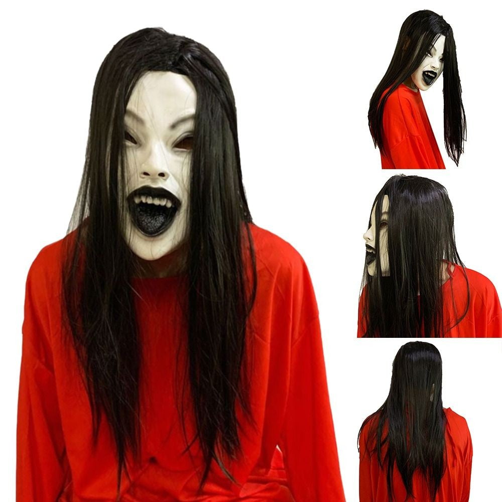 Latex Mask Scary Woman Masks Realistic Long Hair Party Cosplay Costume Ghostface Design Black Lips Creepier Headgear