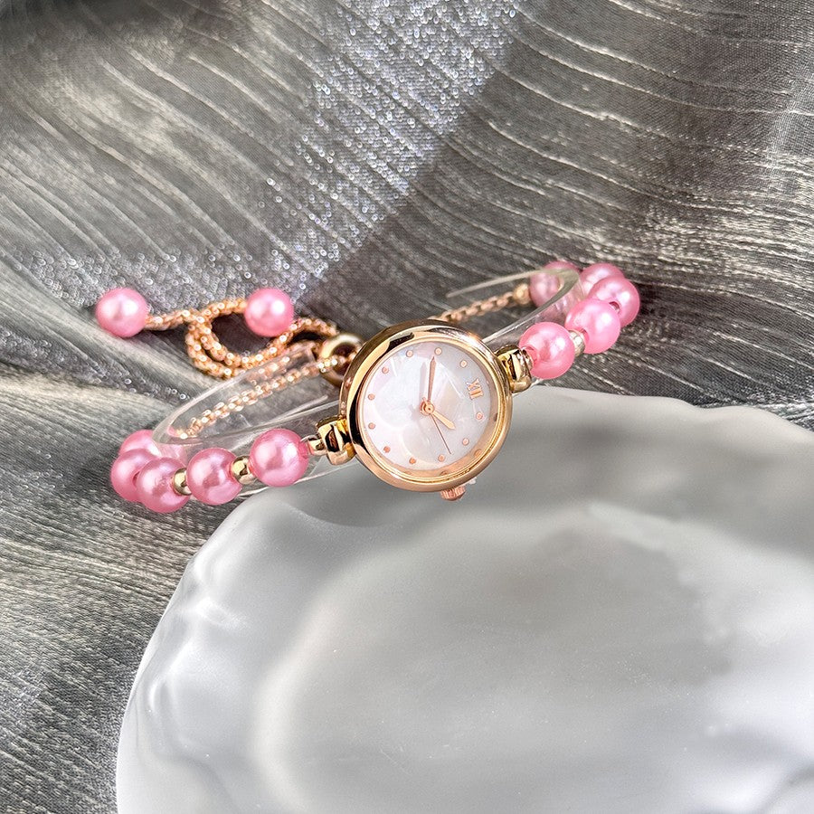 French Romantic Pearl Pull Cord Handheld Watch Elegant Small Fashion Bracelet Quartz Wristwatch Stylish Portable Timepiece