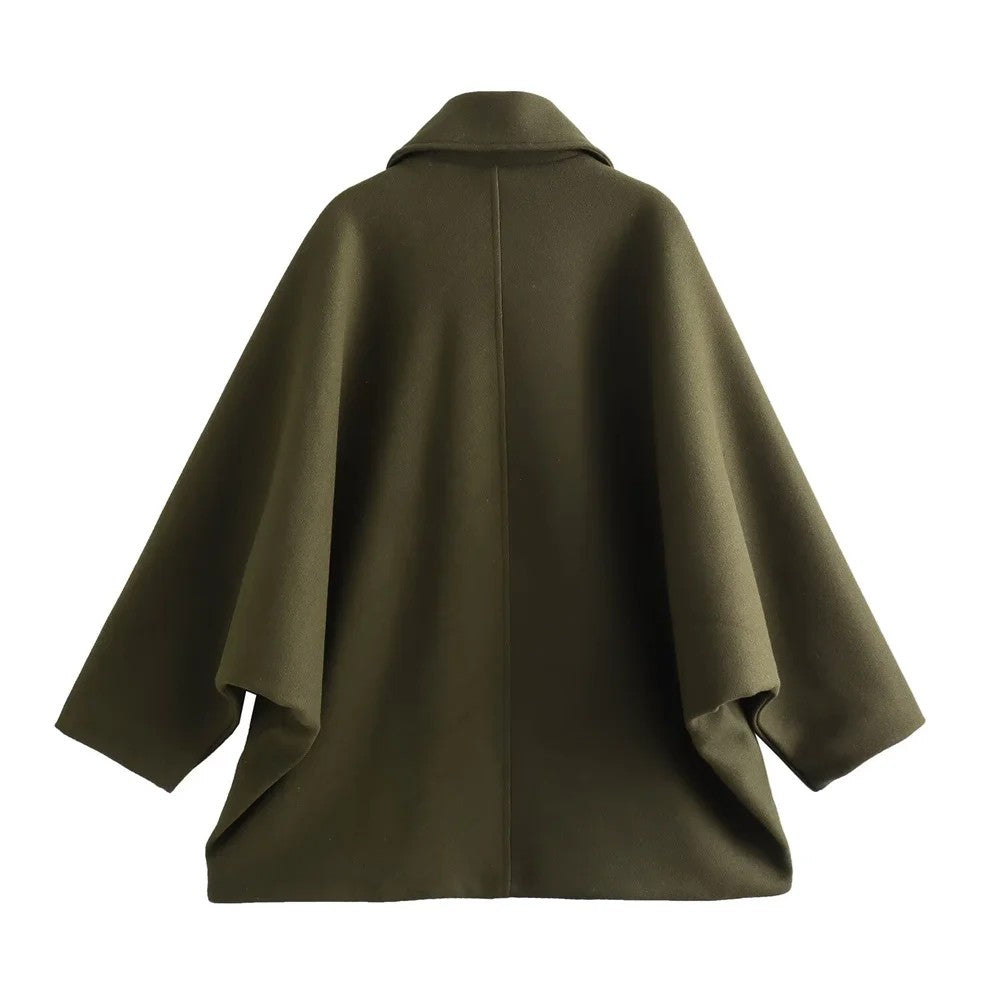 Women's Oblique Button Loose Batwing Sleeve Jacket Coat Lapel Double Pocket Warm Solid Vintage Outerwear Fall Winter Coat