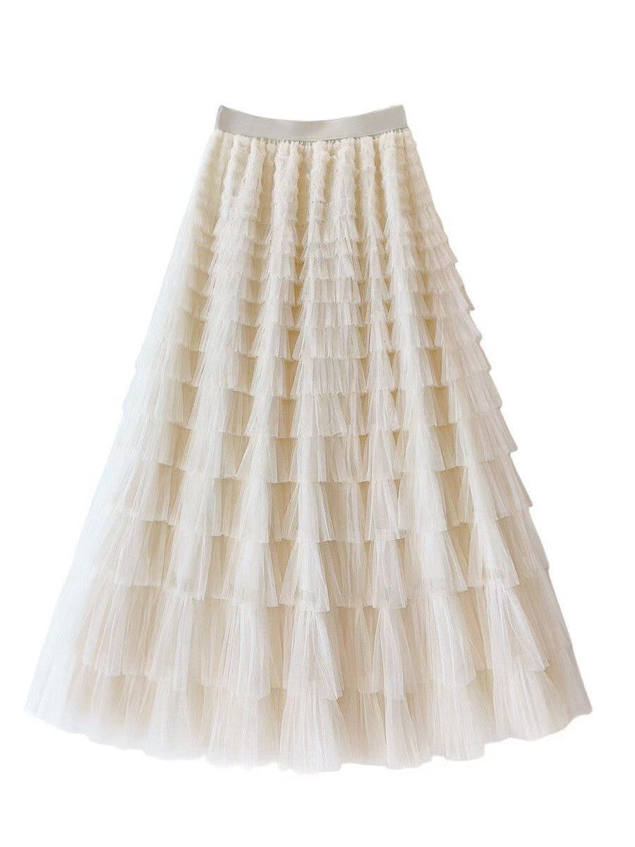 HOT Solid Multilayer Ruffle Mesh Skirt Women Boho High Waist Long Maxi Tulle Skirt Spring Summer Party Women's Clothing