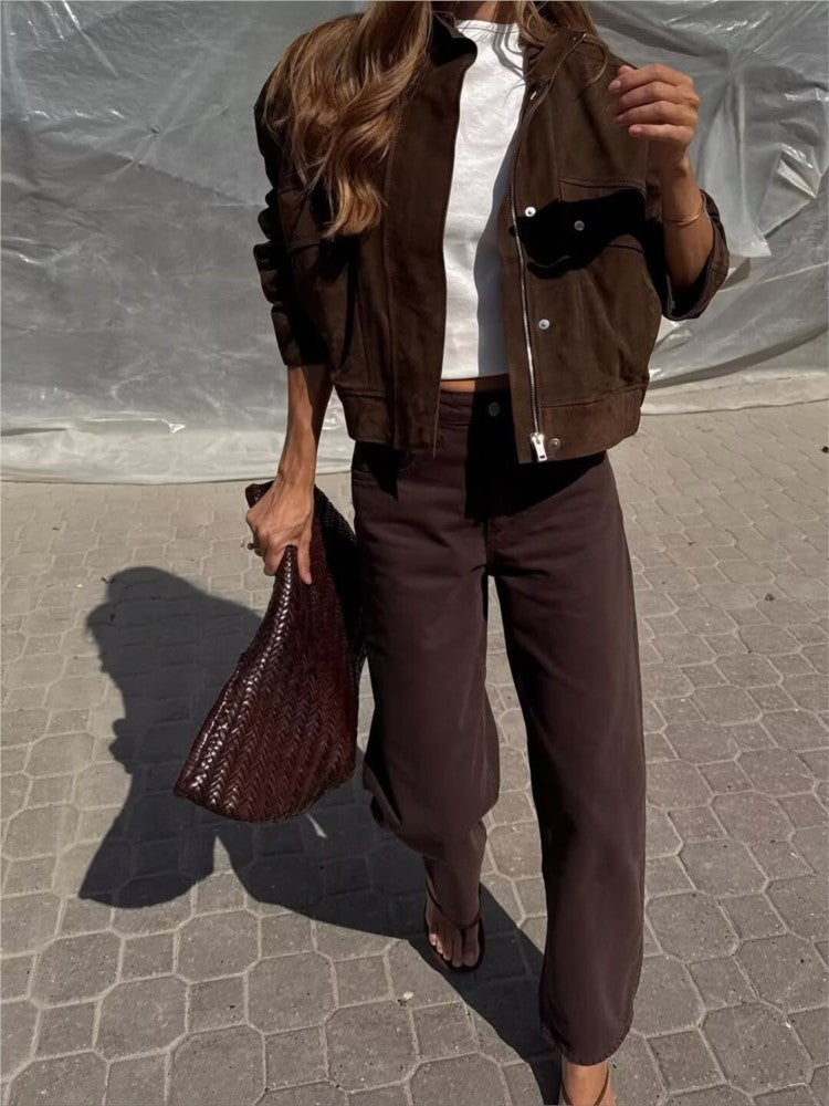 NERHEFZ Women Autumn Jacket with Pockets High Collar Long Sleeve Button Suede Leather Women's Jacket Lady Coats Female Chic Tops