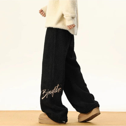 Women's Embroidered Flannel Sweatpants American Lamb Fleece Cotton Thickened Warm Couple Skiing Pants Autumn