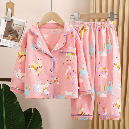 Kids Spring Summer Pajamas Set Cute Cartoon Print Long Sleeve Lapel Soft Sleepwear for Boys Girls Baby Casual Loose Loungewear