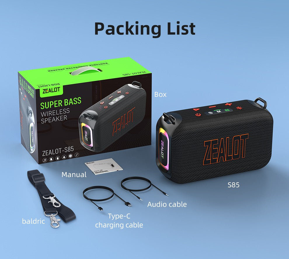 Caixa de som Bluetooth portátil 3D Zealot-S85 50W com diafragma duplo e alça à prova d'água IPX6 para ambientes externos