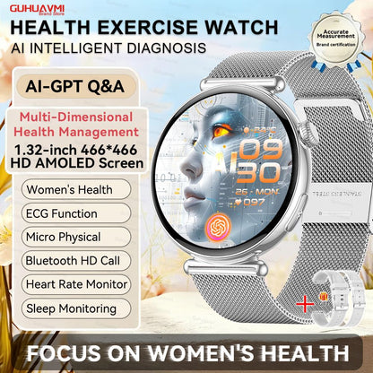 NEW Women Smartwatch 1.32inch AMOLED Screen ECG Sport Watch Blood Pressure Micro physical examination AI dial Health Smart Watch