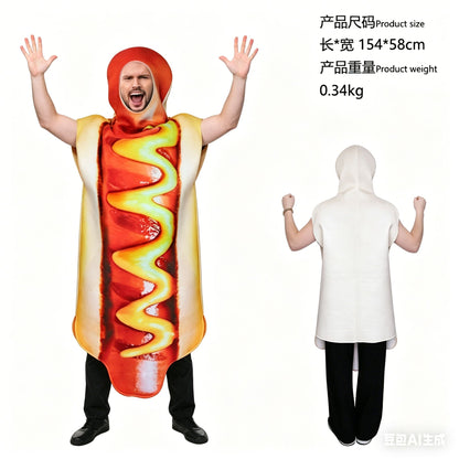 Adult Funny 3D Print Hot Dog Costume Halloween Food Sausage Pizza Burger French Fries Cosplay One-Piece Costume Party Jumpsuit