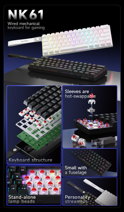 Teclado Mecânico Gamer com Fio Ajazz NK61 Efeitos de Iluminação RGB Suporta Teclas Hot-Swappable 61 Teclas Teclado Mecânico Gamer