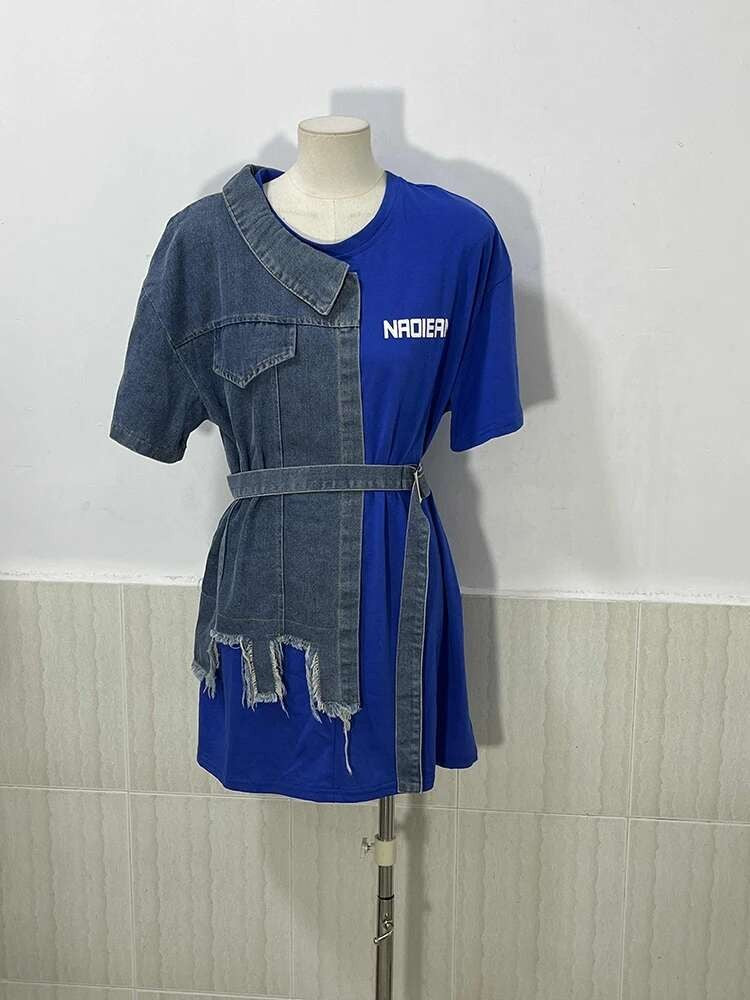 XFPV Women's Sweet high Waist Wrap Belt Round Neck patchwork Denim Shirt  Chic Top Y2k Korean Fashion Spring Summer 2025 SM11327