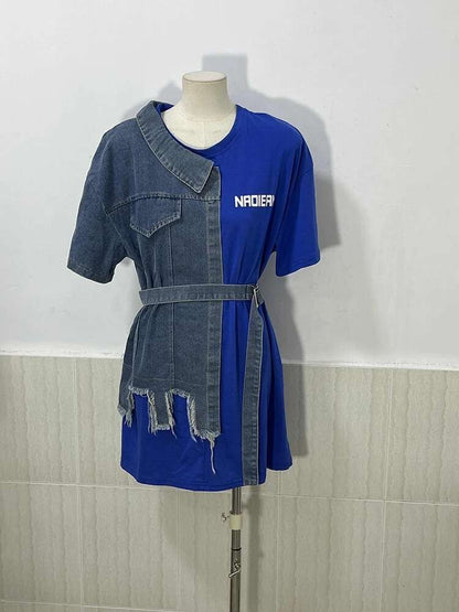 XFPV Women's Sweet high Waist Wrap Belt Round Neck patchwork Denim Shirt  Chic Top Y2k Korean Fashion Spring Summer 2025 SM11327