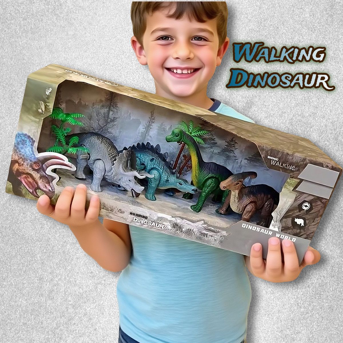 Um conjunto de presente de brinquedos de dinossauro, brinquedo de animal mecânico que anda automaticamente quando ativado. Presente de aniversário para crianças.