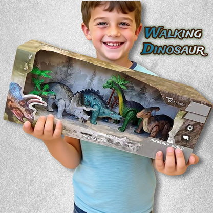 Um conjunto de presente de brinquedos de dinossauro, brinquedo de animal mecânico que anda automaticamente quando ativado. Presente de aniversário para crianças.
