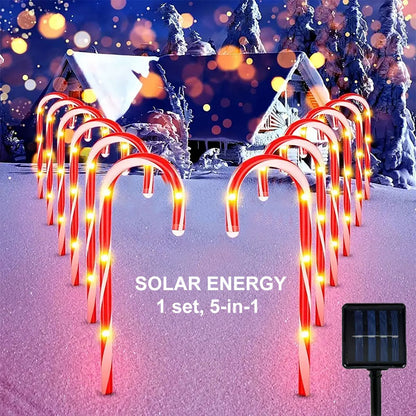 1 set of 5-in-1 outdoor solar powered Christmas cane lights, suitable for decorating Christmas, gardens, and Christmas trees