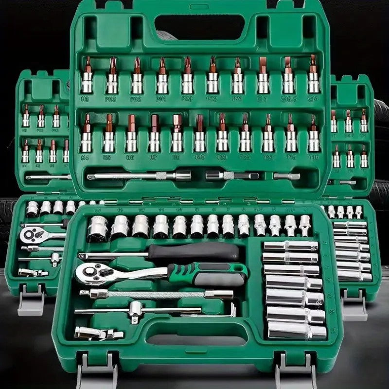 Kit de reparo automotivo avançado, caixa de ferramentas verde, conjunto de catracas profissional de 46 peças, conjunto de ferramentas profissionais, itens essenciais para manutenção de carros