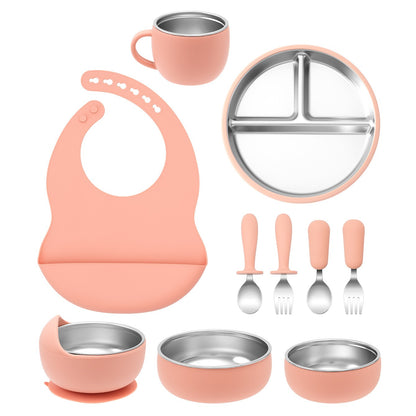 Color Kids 10PCS Infant Feeding Set Stainless Steel Silicone Tableware With Detachable Bowl Plate Bib Weaning Utensils For Baby