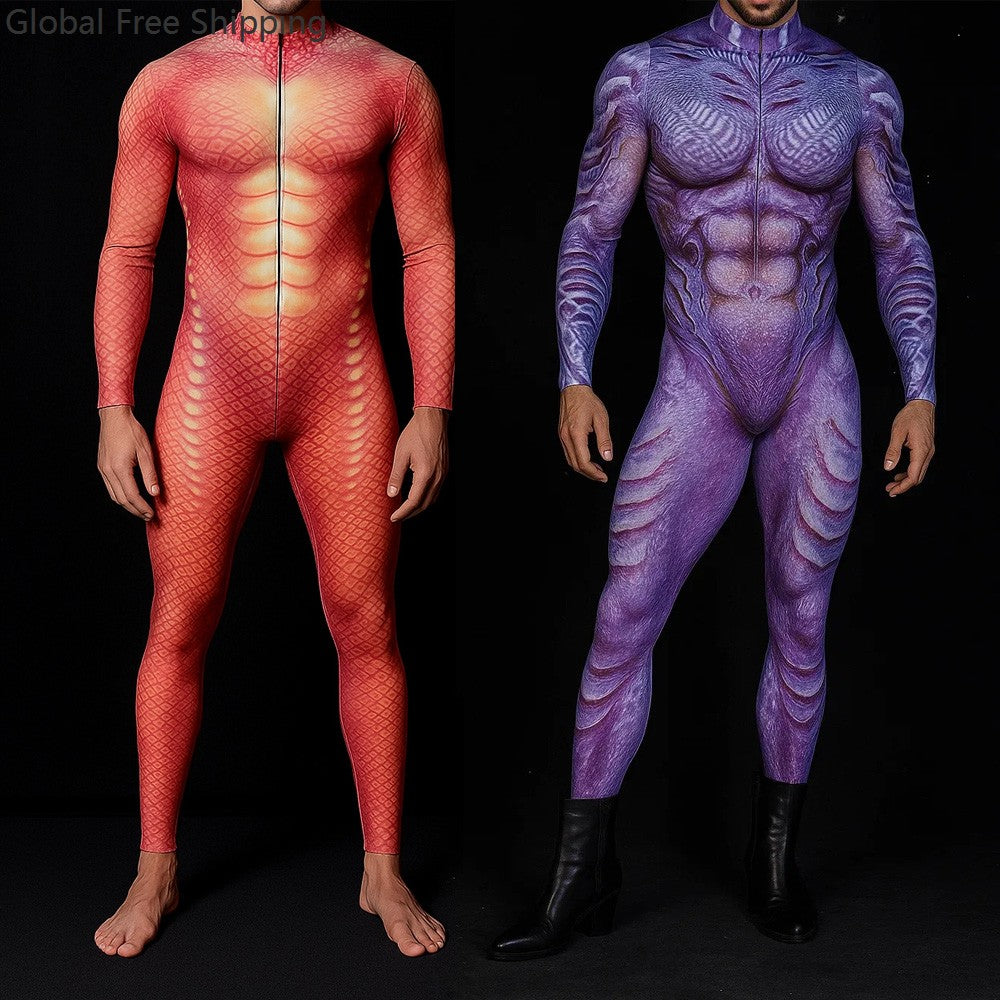 Halloween Lizard Bodysuit Men's Unique Muscle Series Holiday Jumpsuit Carnival Costume Adult Roleplay Party Masquerade Ball Set