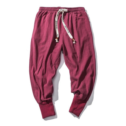 Cotton Linen Harem Pants Men Solid Elastic Waist Streetwear Joggers New Baggy Drop-crotch Pants Casual Trousers Men