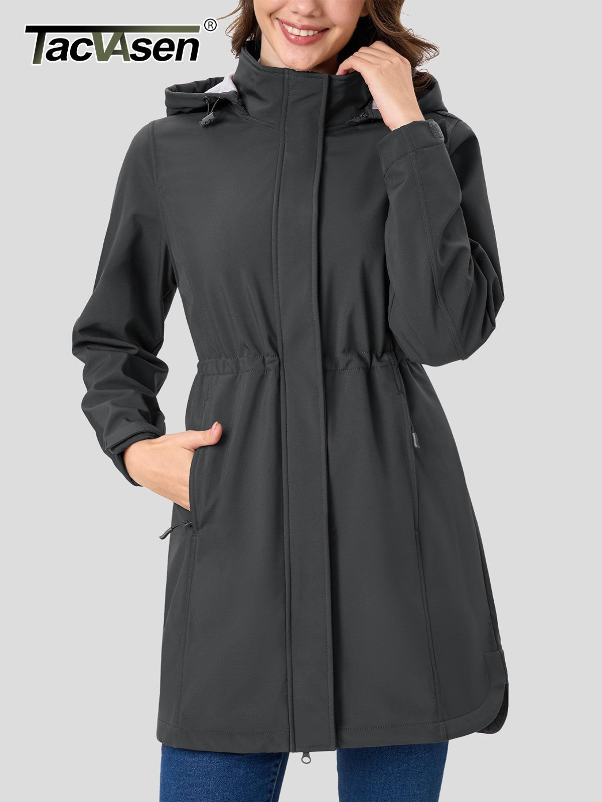 TACVASEN Women's Long Hooded Jacket Fleece Lined Softshell Jacket Waterproof Windproof Hiking Jacket Rain Coat Windbreaker Parka