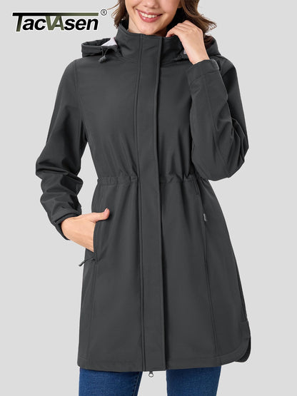 TACVASEN Women's Long Hooded Jacket Fleece Lined Softshell Jacket Waterproof Windproof Hiking Jacket Rain Coat Windbreaker Parka