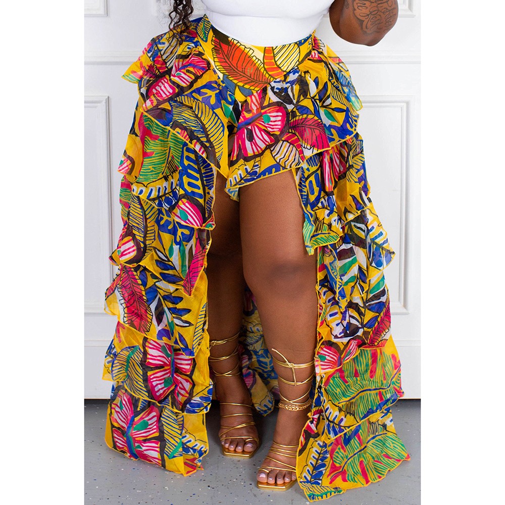 Plus size women's bohemian style full print ruffle irregular hem layered summer beach skirt