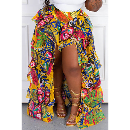 Plus size women's bohemian style full print ruffle irregular hem layered summer beach skirt