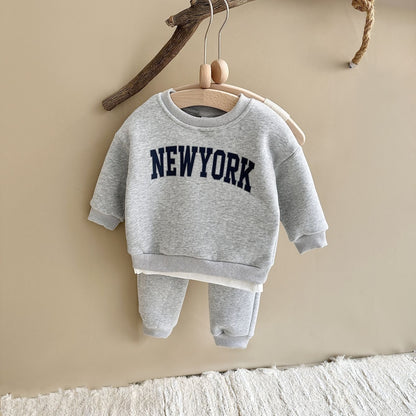 2 Peças Conjunto Roupa Bebê Meninos Meninas Estampa NewYork Top Esportivo Calça Terno Moletom Inverno Roupa Criança Recém-nascido Grosso
