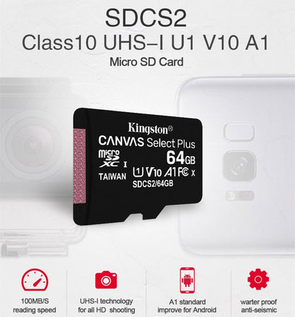 Cartão de Memória Kingston 128GB 256GB MicroSD TF 64GB U1 V30 A1 MicroSD SDCS2 100Mb Velocidade de Leitura Classe 10 Flash Micro Card para Celular