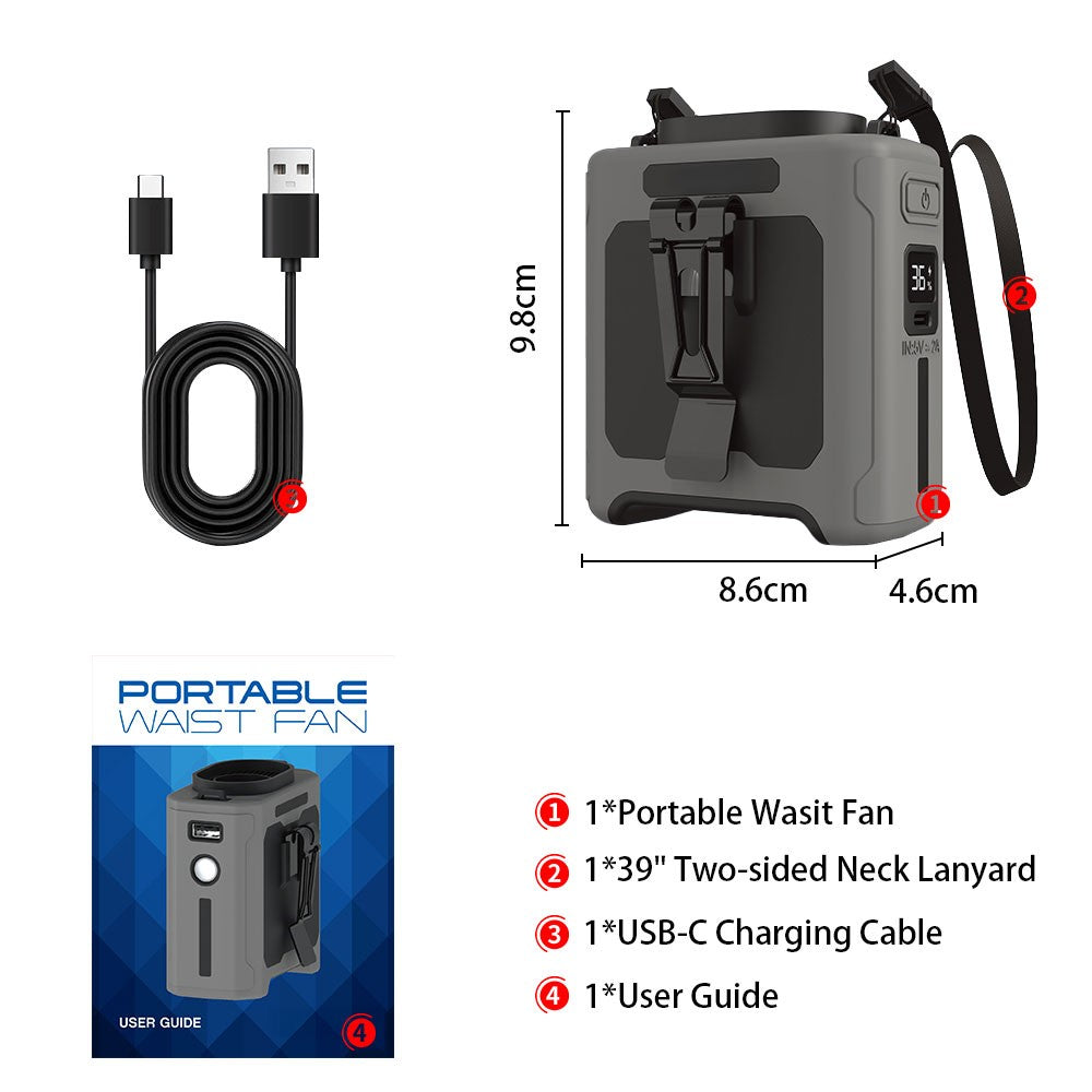 10000mAh Waist Fan Portable Handheld Hanging Neck Fan Ultra-Strong Wind with Phone Charging LED Light for Outdoor Working