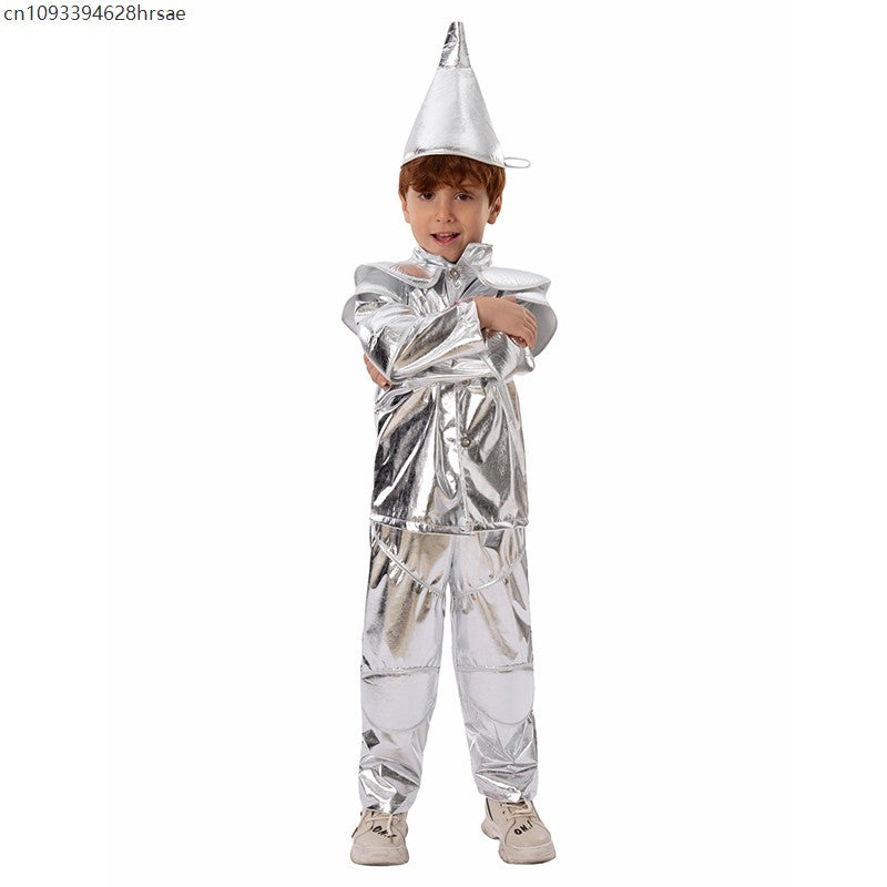 2025 New Arrival Silver Red Heart Wizard Boy Oz Tin Man Halloween Costume For Kids