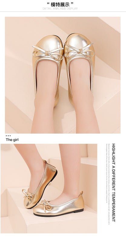 Elegant Girls Shoes Metal Colored Princess Casual Flats Soft Mary Jane Shoe Children Gold Silver Classic Ballet Flats Shoe 26-37