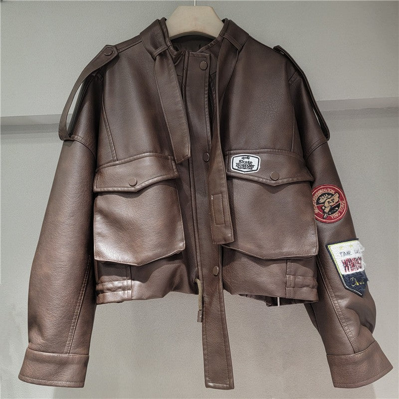 YEAE 2025 spring new vintage motorcycle leather printed high waist lean washed PU leather coat tide