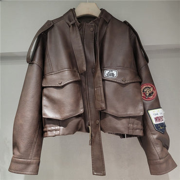 YEAE 2025 spring new vintage motorcycle leather printed high waist lean washed PU leather coat tide