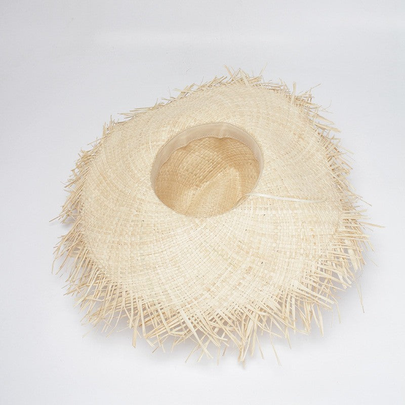WZCX Feito à Mão Borla Feminina Chapéus de Sol de Palha Aba Larga Grande Chapéu de Palha Natural de Ráfia Panamá Praia Chapéus de Sol Para Feriado