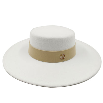 2022 new oversized edge flat top hat retro French felt hat outdoor sun hat women's big-brimmed fedora hat