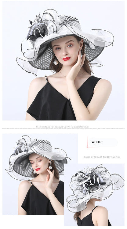 FS Mulheres Organza Vermelha Chapéus Casamento Fascinadores Elegante Grande Aba Larga Fedora Kentucky Derby Chapéus Festa Formal Igreja Chapéu Feminino