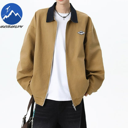 Maxbarley Trendy Cotton Jacket Men Autumn 2025 Hip-Hop Stitching Windproof Lapel Jackets K-Pop Antique Washed Motorcycle Coat