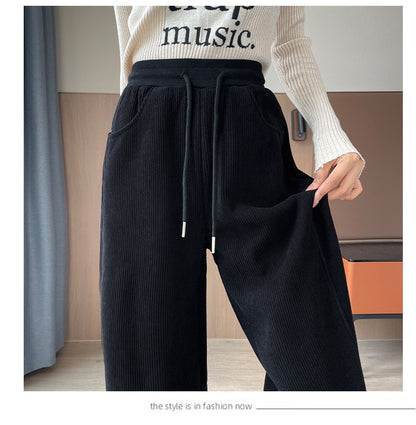 High Waist Warm Trousers Fashion Winter Fleece Thickened Women's Pants Solid Color Loose Elastic Waist Straight Casual Pants