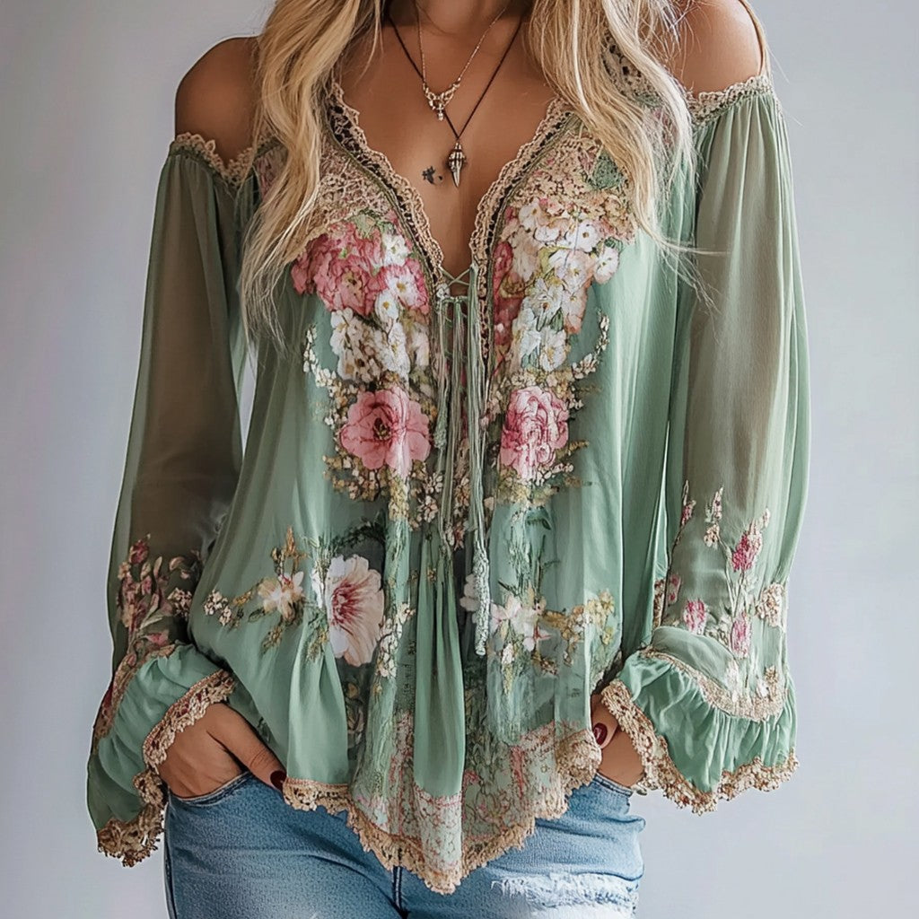 Women's Blouse Floral Cold Shoulder Lace Trim Ruffle Long Sleeve Blouse Casual Chic Bohemian Styles Blouse Top For Spring Summer