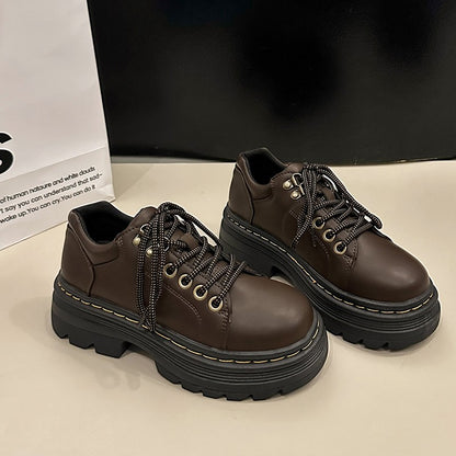 Womens Derby Shoes Autumn British Style Female Footwear Loafers With Fur Round Toe Clogs Platform Casual Sneaker Leather Fall Pr