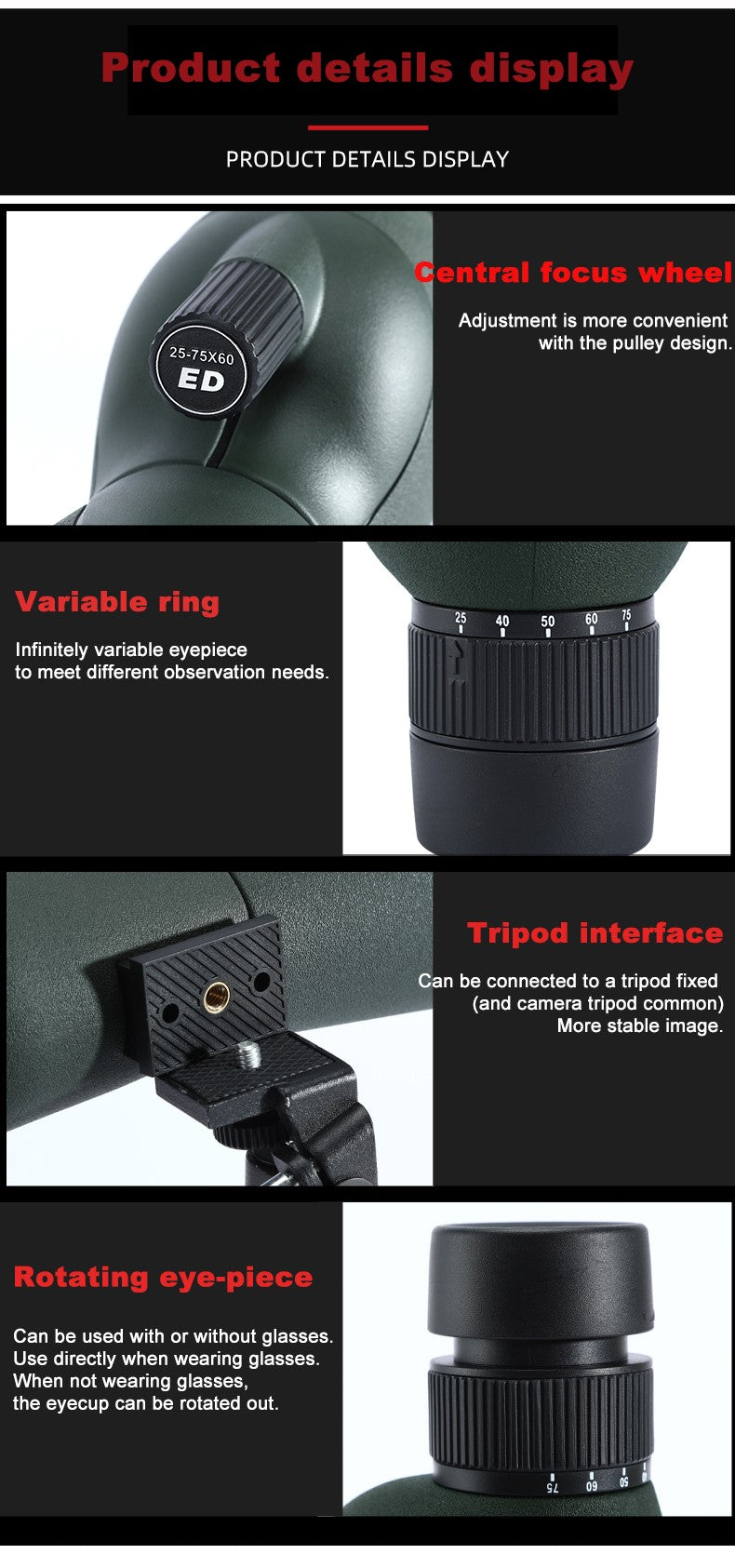 Monóculo Telescópio para Observação de Aves 25-75x60 ED HD Prisma BAK4 Impermeável e Anti-embaciamento para Acampamento ao Ar Livre e Observação da Vida Selvagem