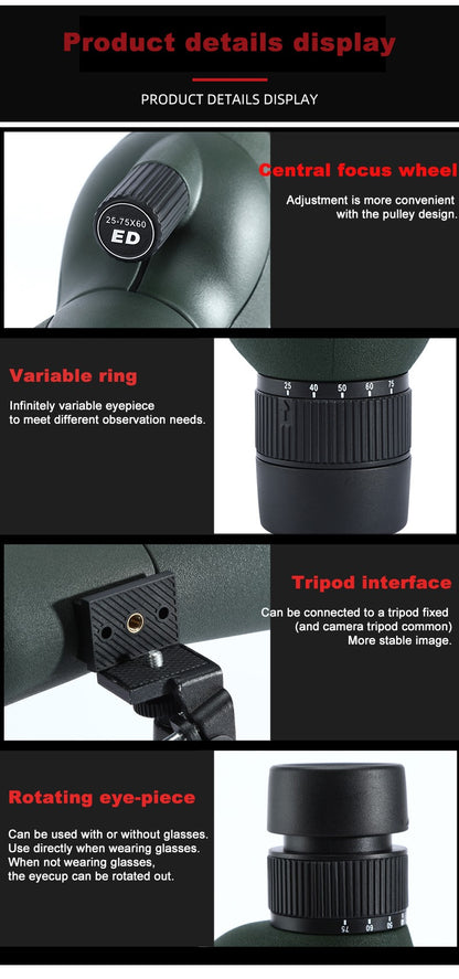 Monóculo Telescópio para Observação de Aves 25-75x60 ED HD Prisma BAK4 Impermeável e Anti-embaciamento para Acampamento ao Ar Livre e Observação da Vida Selvagem