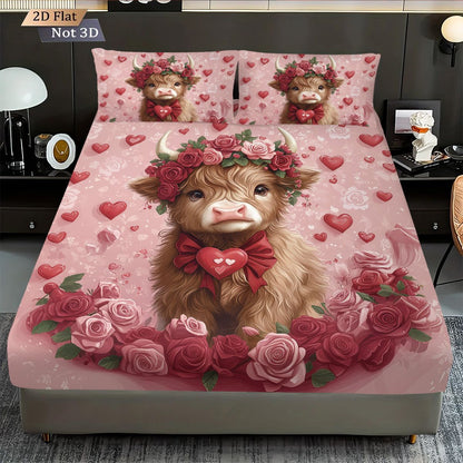 3pcs Valentine's Day Romantic Highland Cow Print coreless Bed Sheet Set Multiple Sizes Bed Cover Bedroom Bedding Decoration