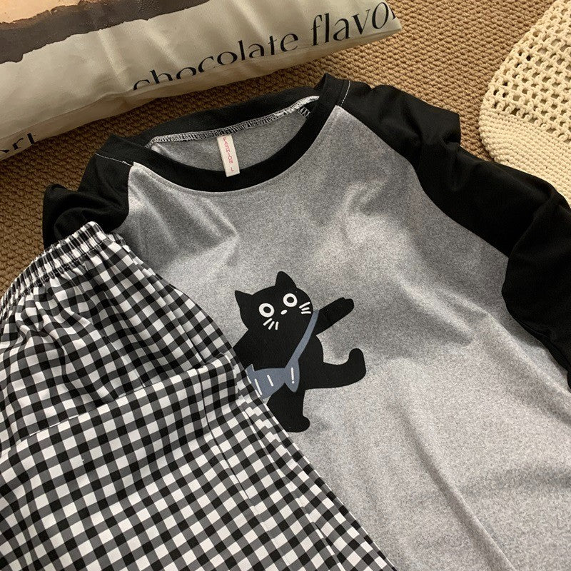 Cartoon HelloKitty Print 2PCS Set Women's Sleepwear with Chest Pad Plus Size Pyjamas Loungewear Crew Neck Loose Pajamas Homewear