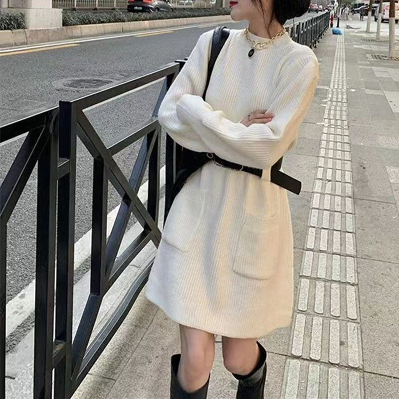 Autumn Winter Striped Knitted Dress Women Korean Fashion Double Pockets Short Dresses Ladies Casual Loose Long Sleeve Knit Dress