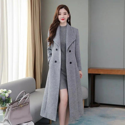 Plus Size Women's Overcoat Long Thickened Woolen Coat Long Collar Slim Fit Waist Cinched Outerwear Spring Autumn New Style Ho...